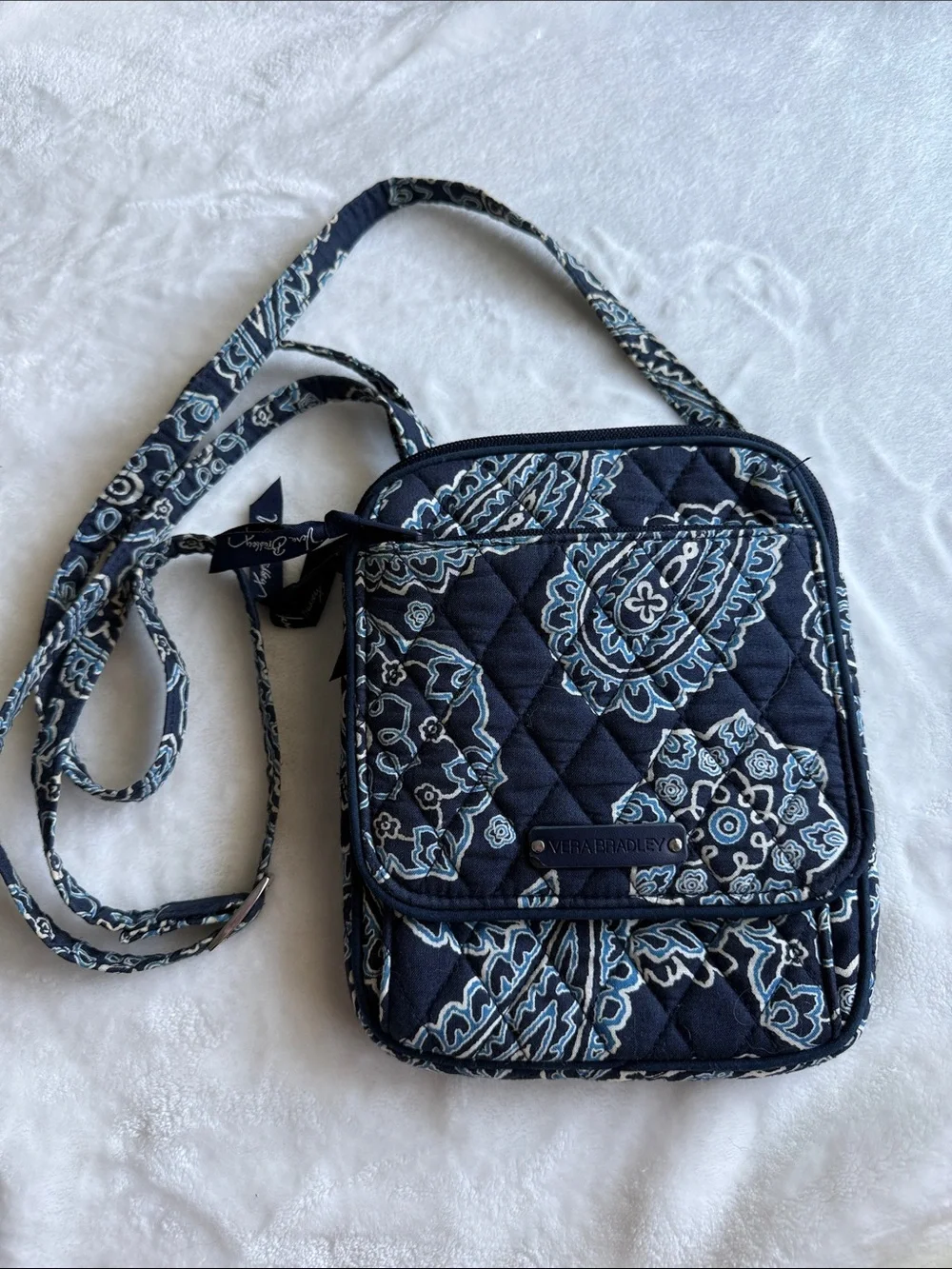 Vera Bradley Navy Paisley Quilted Crossbody with Light Blue Accents